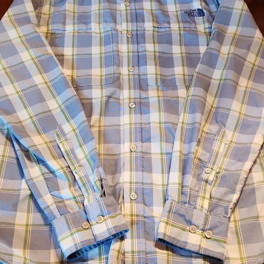 North Face Traverse Button Down Vented Outdoor Shirt Medium Blue & White Plaid